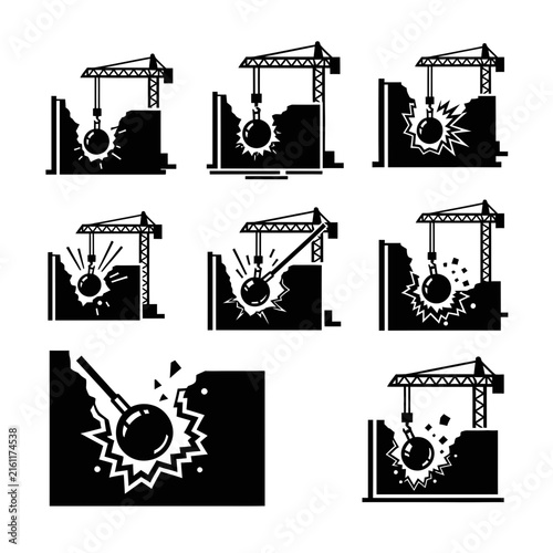 Wrecking ball demolition icons showing wall destruction sequences.