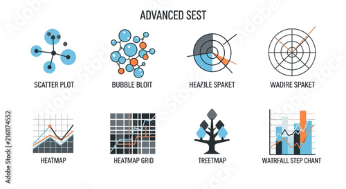 Advanced data infographics and complex chart icons.