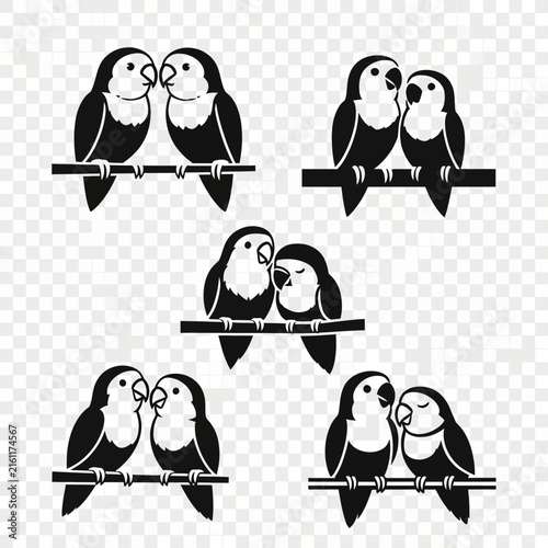 Black silhouette icons of parrot pairs on branches.