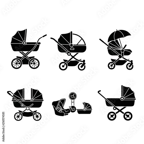 Black silhouette icons of various baby strollers and prams.
