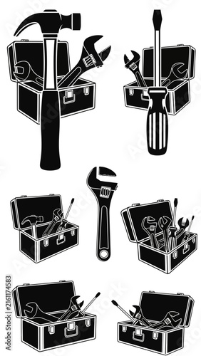 Black toolbox and hand tool icons.