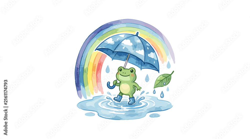 Fototapeta premium Cute frog with umbrella under rainbow during rain.
