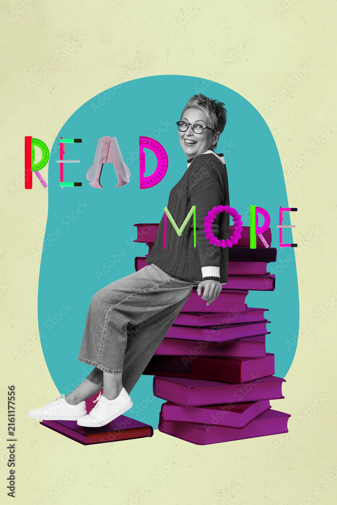 Naklejka premium Pop image sketch 3d collage poster of happy girl guy stand book stack library education bookworm hobby university student learner
