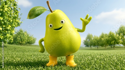 Waving pear mascot outdoors