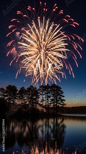 Bright fireworks bursting over a tranquil lake with tree reflections