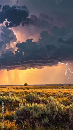 Severe thunderstorm with bright lightning over a vast dry prairie landscape