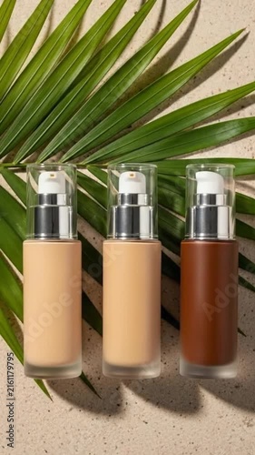 Three foundation bottles with palm leaf