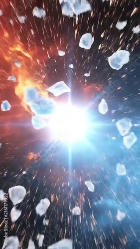 A dramatic clash of fire and ice forces colliding with glowing energy