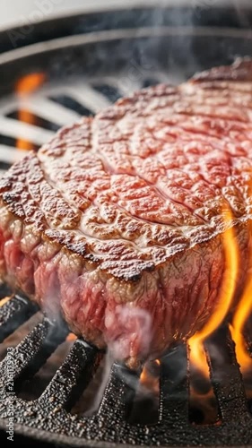 A thick beef steak sizzles over glowing hot flames on a metal grill