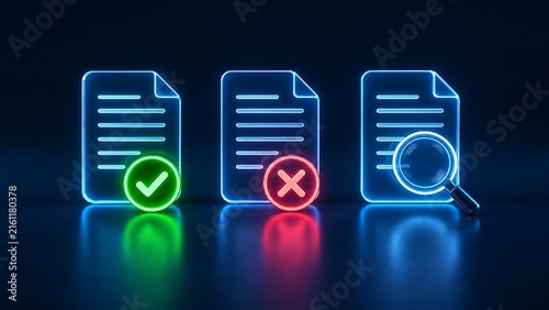 Three glowing neon document icons showing checkmark approval cross mark rejection and magnifying glass inspection