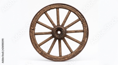фотографія An old wooden spoked wheel isolated on a white background