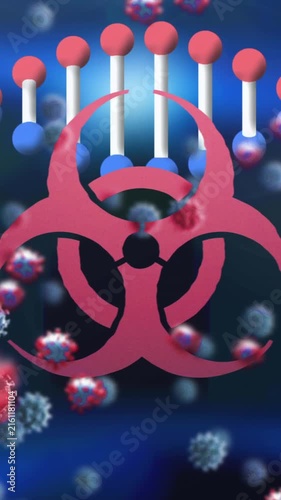 Animation of biohazard and dna over blue background with viruses