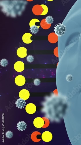 Animation of human model and dna over black background with viruses