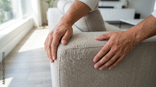 Man inspecting frayed fabric and scratches on beige sofa armrest