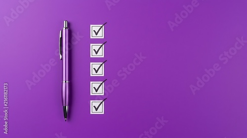 Purple pen and checkboxes on purple background represent completion and task management in a list format.
