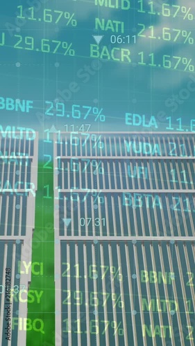 Animation of stock market data processing and digital icons against solar panels on grassland