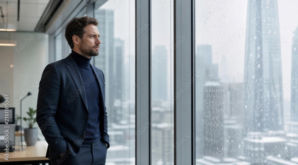 Fototapeta premium Businessman Looking Out Office Window at Rainy Cityscape
