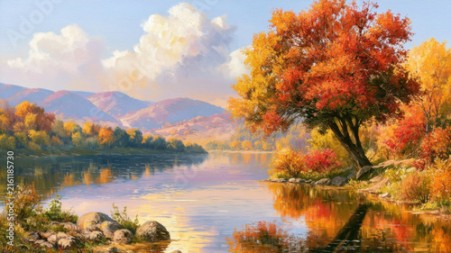 Painting of a Vibrant Autumn Landscape by the Lake with Reflective Water and Colorful Foliage