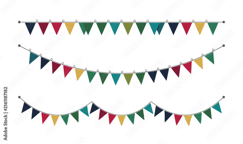 Obraz premium Colorful Bunting Garland Flag Banner Set with Triangle Pennants Hanging on Strings for Birthday Party Festival and Carnival Decoration Designs