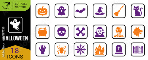 A comprehensive collection of eighteen flat design style halloween icon set elements for seasonal holiday graphic projects