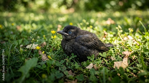 Young dark feathered avian with bright azure gaze lounging in lush ground cover during a bright afternoon crow bird grass hooded baby blue eyes nature wildlife background young outdoor animal feather