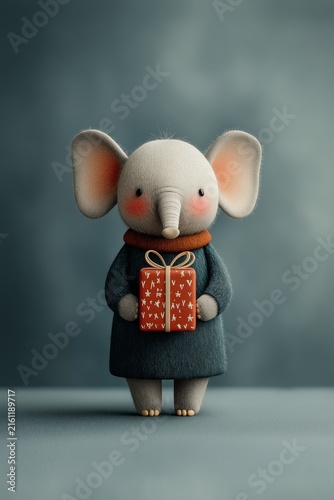 Charming elephant character holds a gift in cozy attire during a whimsical celebration scene