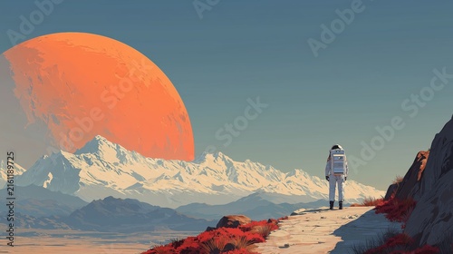 Exploring a distant planet under an orange sky with majestic mountains in the background