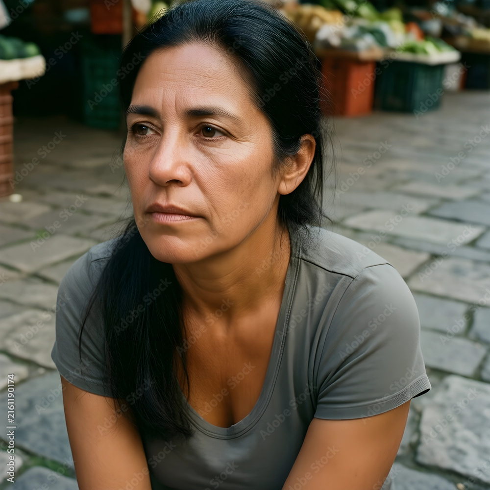 Obraz premium Poverty and economic hardship, pensive indigenous woman looking away in a market setting, social issues and resilience