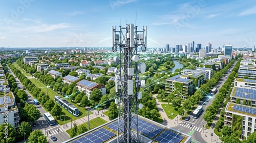 Aerial view of a modern city featuring a telecommunications tower, solar panels and green spaces.