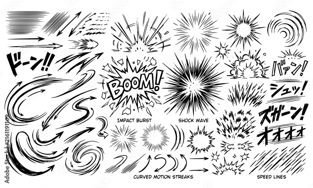Fototapeta premium Japanese comic style action lines impact bursts sound effects speed streaks for manga illustrations with japanese explosion shockwave illustration monochrome lettering expression