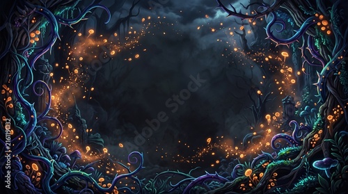 Enchanted Dark Forest Halloween Background with Glowing Spores