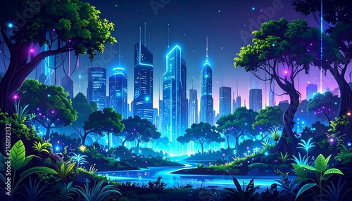 Mystical digital art of futuristic cityscape with glowing towers.