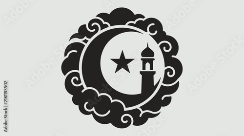 Islamic crescent moon and star silhouette with mosque minaret.