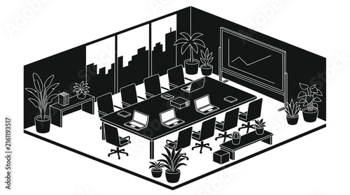 Isometric silhouette of a modern corporate conference room.