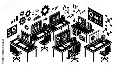 Isometric workspace silhouettes with desks and computer equipment.