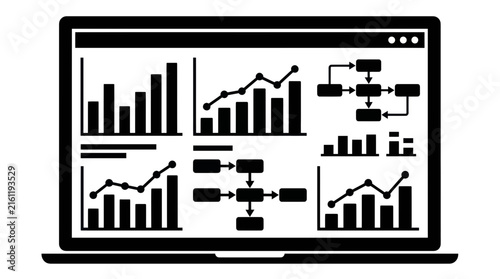 Laptop showing professional business dashboard and flowcharts