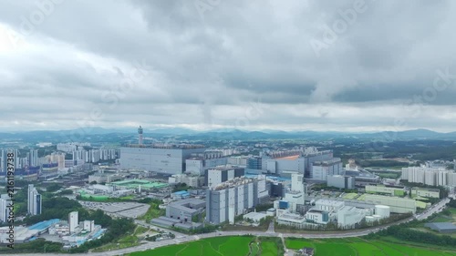 Aerial Drone View of Advanced Semiconductor Chip Manufacturing Plant and Industrial Complex in Icheon, South Korea