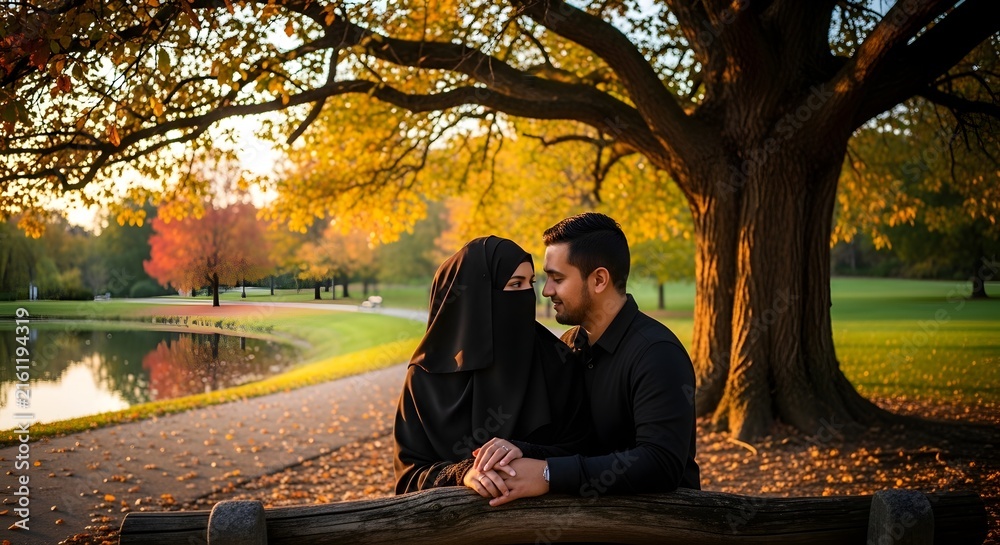 Fototapeta premium Muslim Couple Holding Hands on a Bench in Autumn Intertwined Fingers: A Romantic Fall Park Moment Intimate Couple in Traditional Attire Beneath Autumn Trees