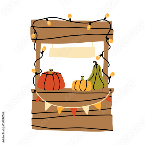 Autumn market stand with pumpkins doodle vector illustration for seasonal design