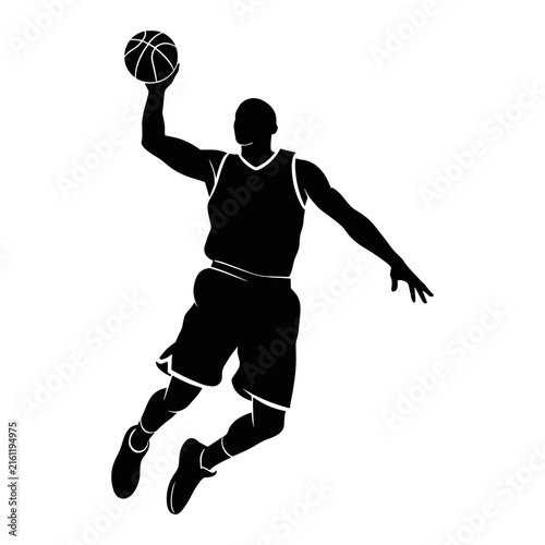 Basketball player silhouette, dribbling mid-air, dynamic sports action graphic