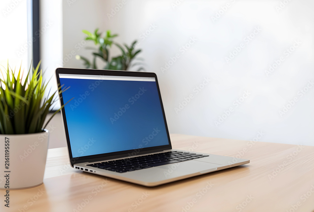 Fototapeta premium Remote work and digital office setup, modern laptop with blank blue screen on a wooden desk with plant, copy space