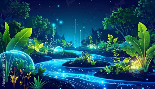 Vibrant underwater coral reef ecosystem at night.