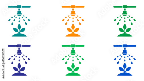 Sprinkler Irrigation Plant Growth Icon Set in Six Colors