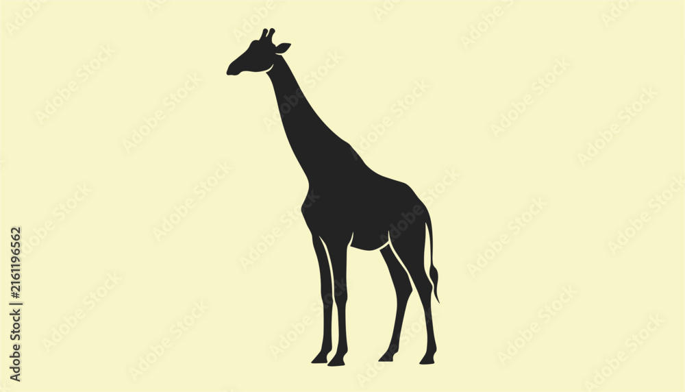 Fototapeta premium Black silhouette of a giraffe standing gracefully against a soft pale yellow background representing African wildlife and nature.