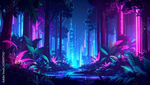 Vibrant purple and green neon cyberpunk cityscape at night.