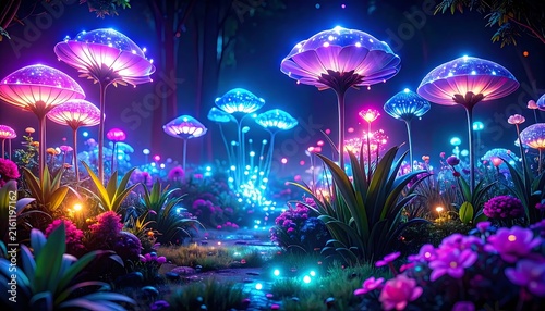 Vibrant bioluminescent garden with glowing flowers and mushrooms.