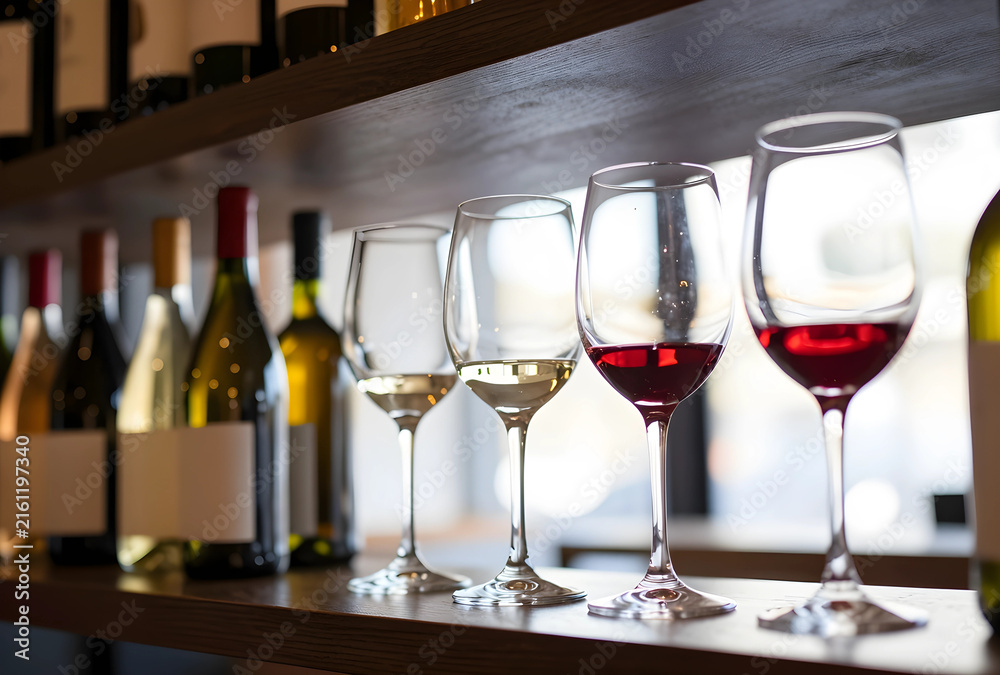 Fototapeta premium Wine tasting experience with red and white wines, selection of bottles on a wooden shelf in a restaurant or bar
