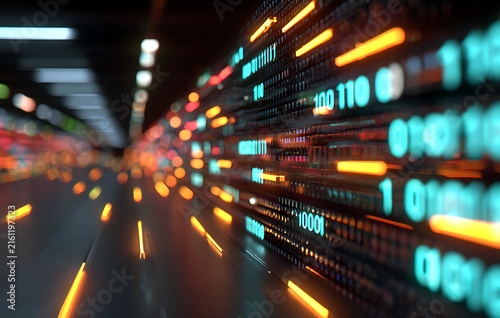 Obraz w ramie Abstract binary code data stream tunnel with glowing digital numbers