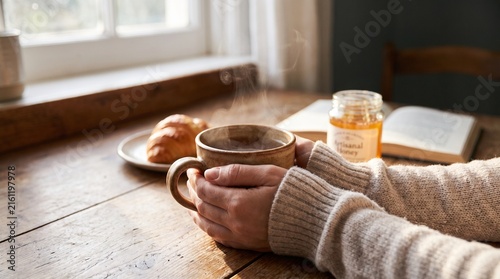 Close Up Hands Holding a Warm Ceramic Tea Cup in Morning Light