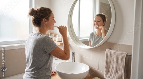 Young Adult Brushing Teeth in a Bright Modern Bathroom Morning Routine